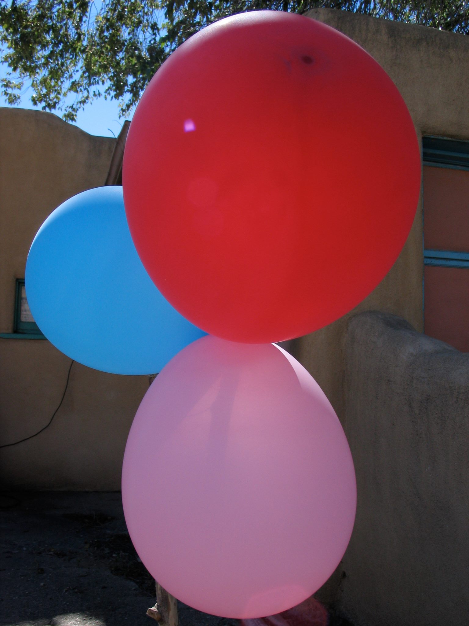 three balloons in blue, red and pink