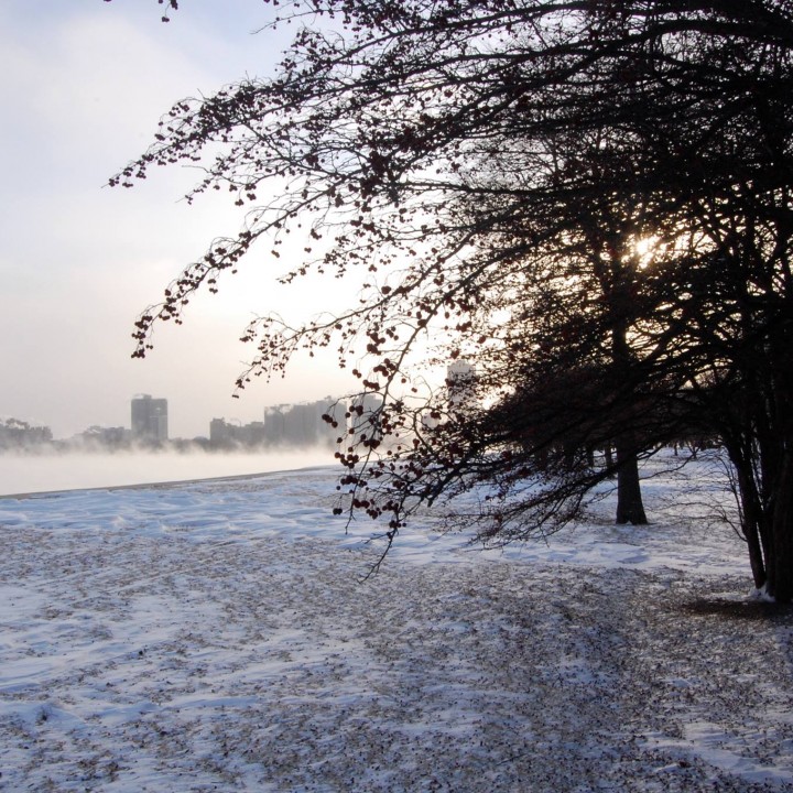 A lakefront park in winter, overlooking a steaming lake, and the Chicago skyline, south of Montrose Harbor