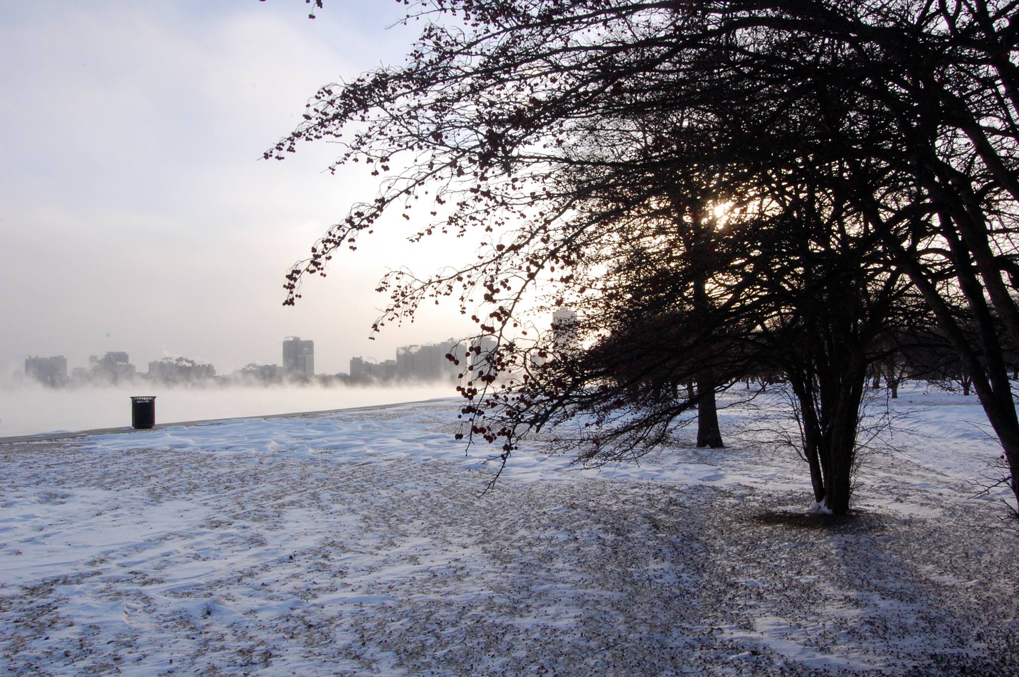 A lakefront park in winter, overlooking a steaming lake, and the Chicago skyline, south of Montrose Harbor