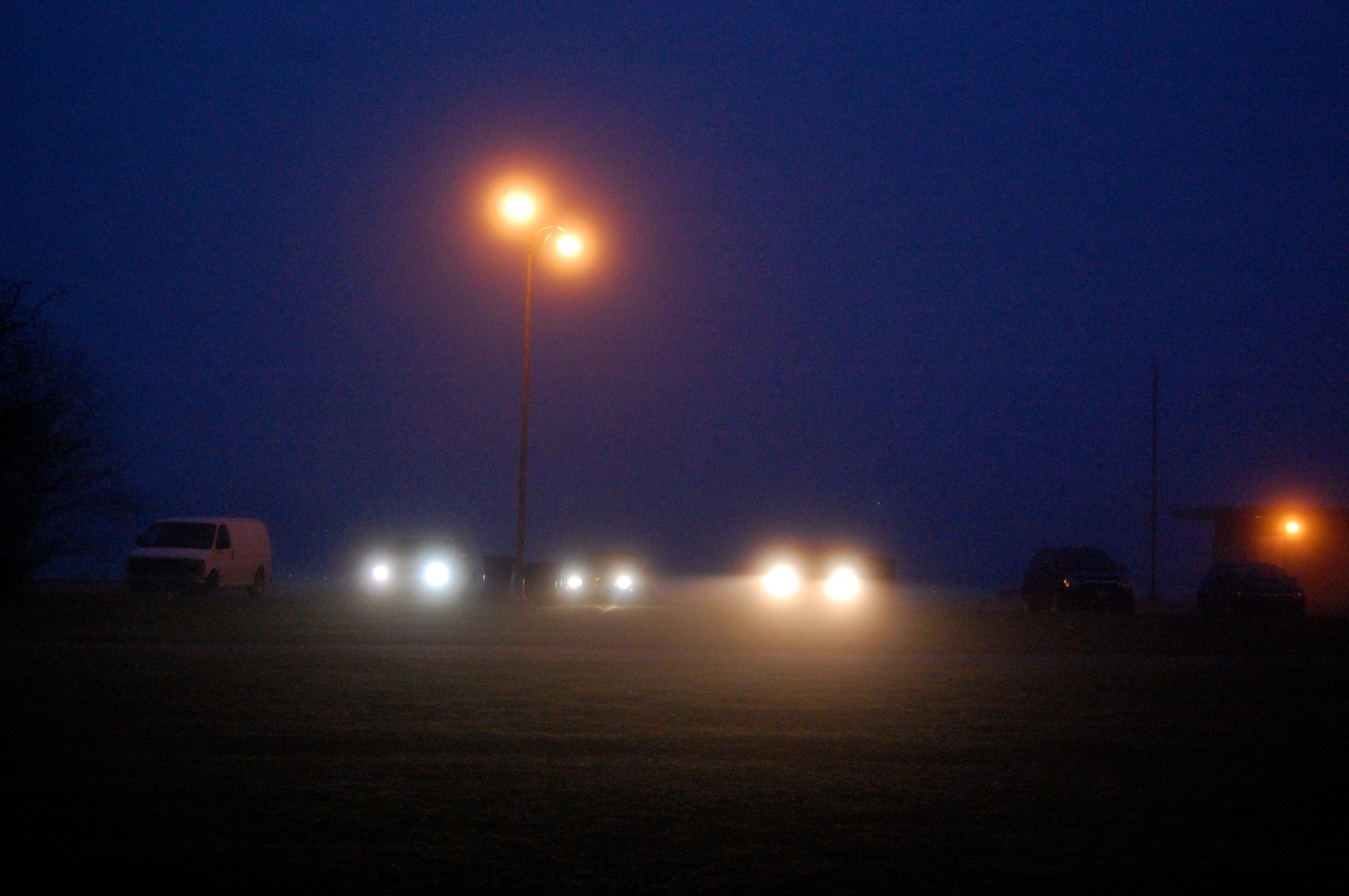 Headlights in the dark mist