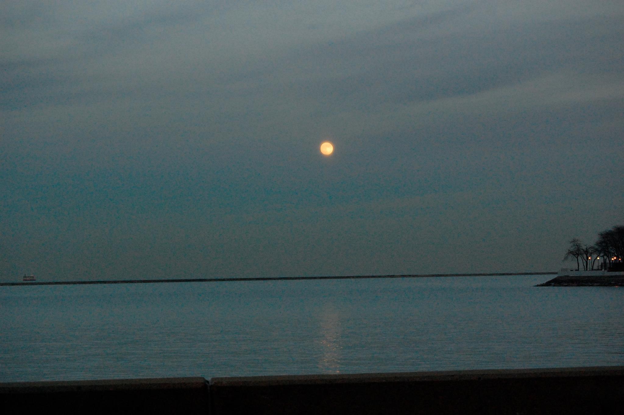 A bright moon over Lake Michigan