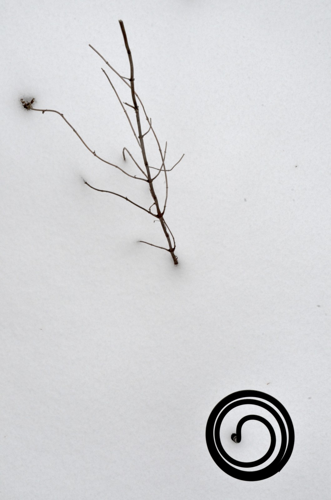 Iron decoration with twigs protruding from snowfall