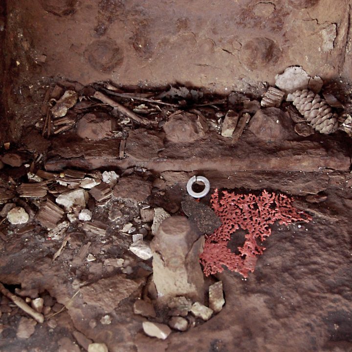An odd collection of random debris surrounded by three walls of rusty iron